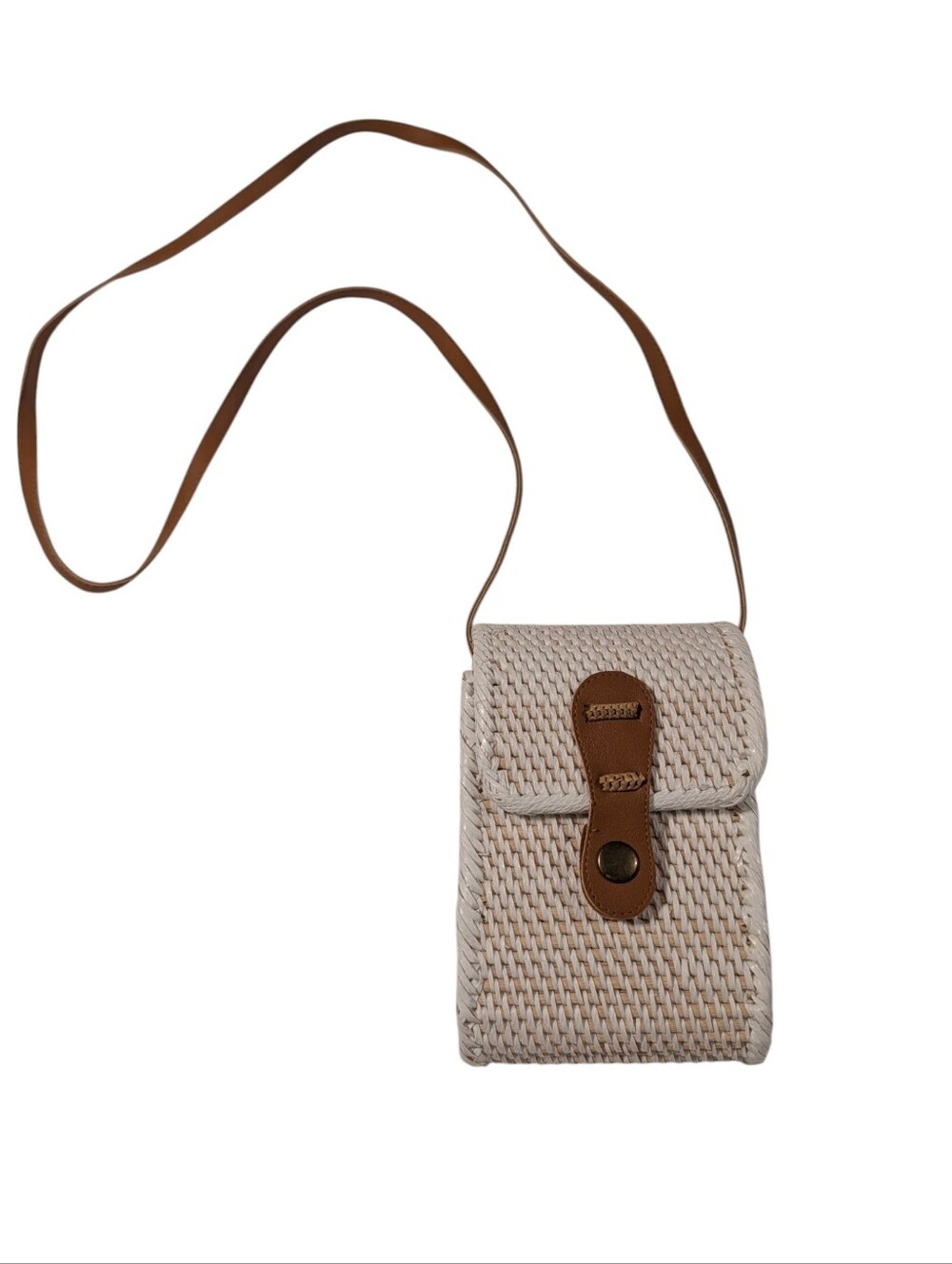 Collectioneighteen Woven Rattan Mini Crossbody White And Cream With Brown Strap